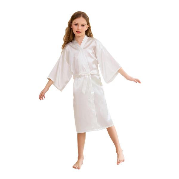 CuteOn Kids Girls Satin Silk Kimono Robe Dressing Gown Bathrobe Nightwear for Spa Wedding Birthday Party Dress White Size 9-11Years - (Height 130-145cm)