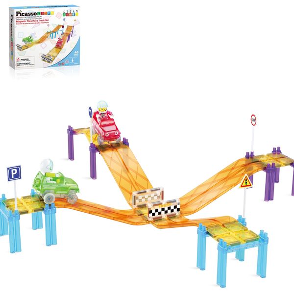 PicassoTiles Magnetic Race Track Car Slide Magnet Building Blocks Tiles Sensory Toys for Kids Toddlers Include Trucks Character Action Figures STEM Learning Kit Races School Age 3+ year Old Boys Girls