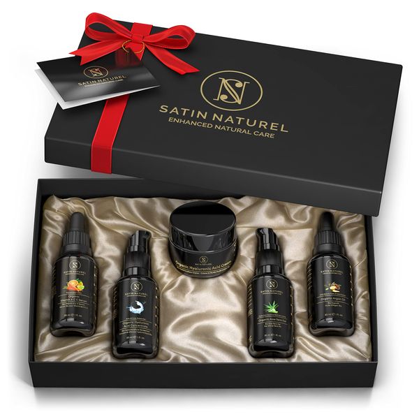 Premium Organic Beauty Gift Set with Hyaluronic Acid Serum for Face, Face Cream, Vitamin C Serum, Aloe Vera Gel & Argan Oil - Youth Regenerator Gifts for Her, 4 Months of Skin Care by Satin Naturel