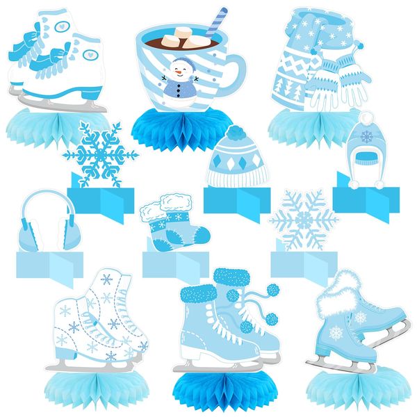 Poen 12 Pcs Ice Skating Party Decorations Ice Skating Honeycomb Table Centerpieces Ice Skating Birthday Party Favors Table Toppers for Winter Skating Birthday Party Supplies 3D Decors