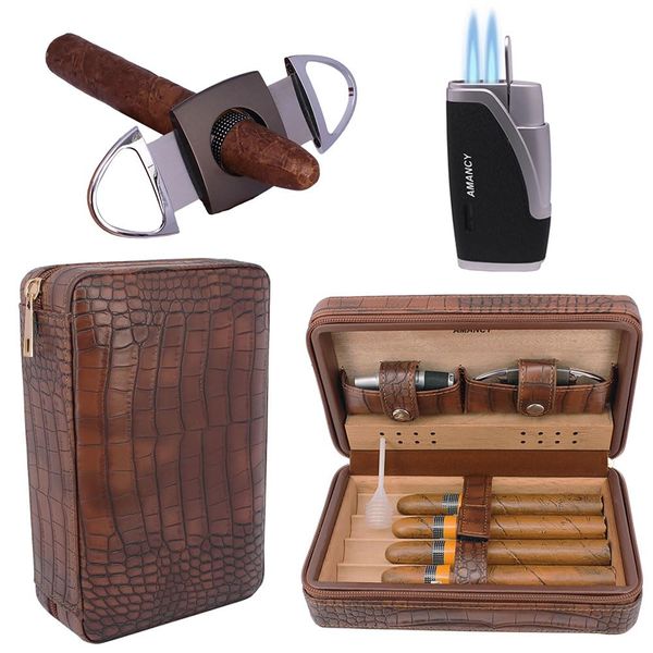 AMANCY Premium Brown Leather Travel Cigar Case,Luxury Portable Cigar Humidor W/Quality Cigar Cutter Lighter Set