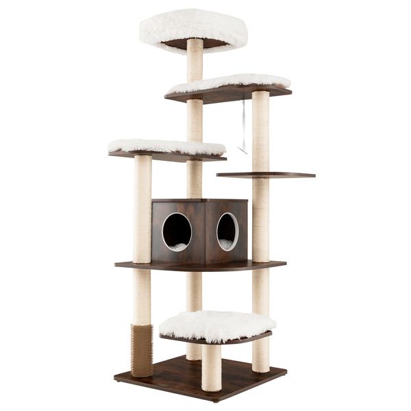 Wooden Cat Tree 71" 7-Layer Cat Tower w/ Cushions & Sisal Scratching Posts Perch