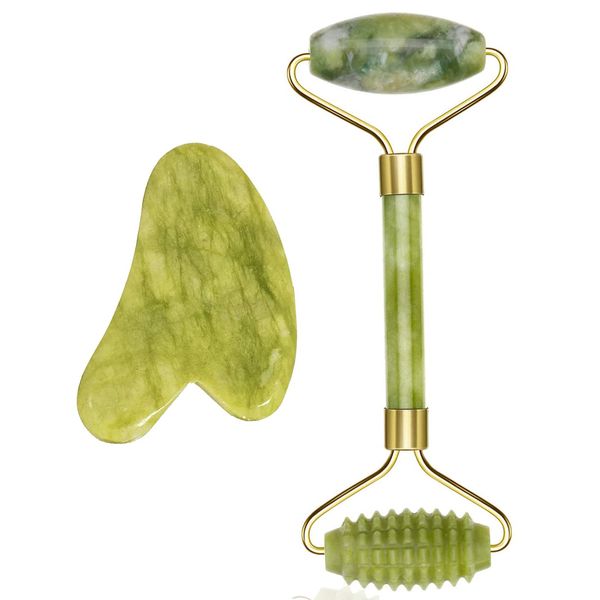 Jade Roller for Face and Gua Sha Set, Jade Roller, Gua Sha Massage Set, Face Roller for Eye Puffiness Treatment, Skin Tightening, Rejuvenate Face & Neck, Natural Green Slimming Massager (Roller-1)