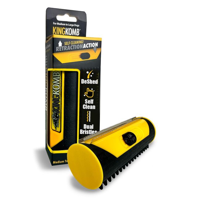 King Komb Multi-Use Pet Grooming Brush for Dogs, Cats, & Horses - Self Cleaning Deshedding Tool with Rubber Bristles for Grooming and Loose Hair Removal - Great for Short to Medium Coats