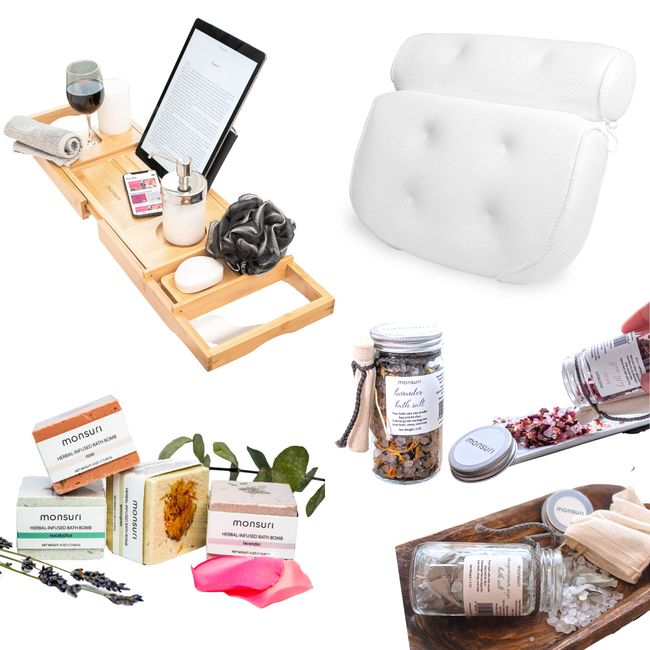 Monsuri Self Care Gift Basket for Mom: New Mommy Care Package Pampering Gift Set with Bath Accessories and Natural Skincare Products. Our Spa Day Kit