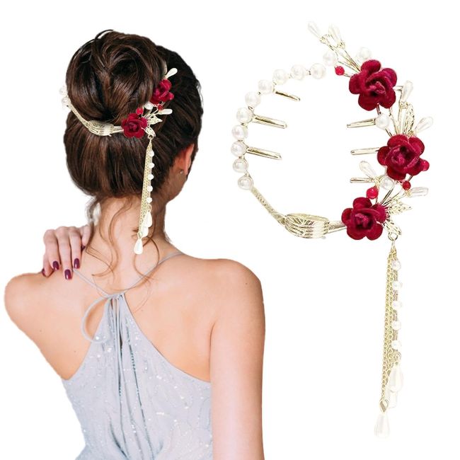 Pferdeschwanz Schnalle Perle Rose Haarklammer Quaste Pille Haarspangen Damen Modisch Elegant Metall Haarspange Pferdeschwanz Schnalle Vintage Rot Rose Blumen ür Frauen Mädchen Hair Clip(as shown)