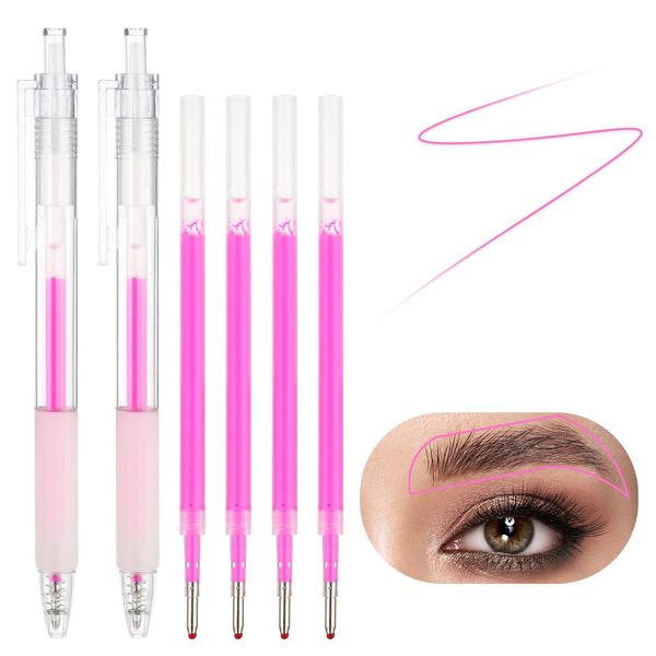 Andibro Eyebrow Microblading Marker Pen, 2pcs Skin Marker Pen Eyebrow Permanent Makeup Position Mapping Mark Tools Eyebrow Mapping Pen Stencil with 4 replacement refills for Lip Skin Marking Pen(pink)