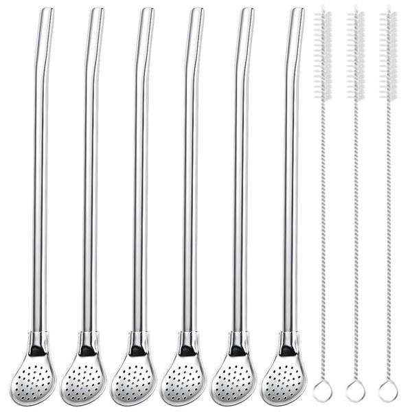 KOQAIIZ 6 Stück Edelstahl Trinkhalm Trinkhalmlöffel Wiederverwendbare Löffelhalme Metalllöffel mit 3 Stück Strohhalm Reinigungsbürste für Milchshakes Cocktail Kaffee Dessert
