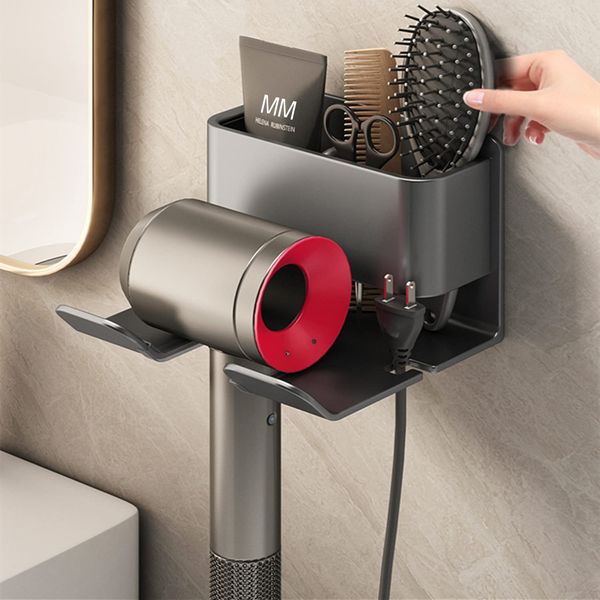 Hair Dryer Holder Wall Mounted Aluminum Hair Dryer Holder with Storage and Cable Holder, Hair Tool Organizer for Bathroom, Hairdressing