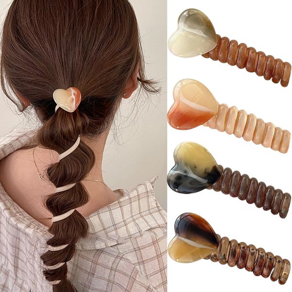 4 Pcs Heart Spiral Hair Ties for Women Heart Telephone Wire Hair Bands No Damage Crease Elastic Coil Hair Tie for Thick Hair Straight Ponytail Hair Ties Phone Cord Hair Scrunchies Hair Accessories