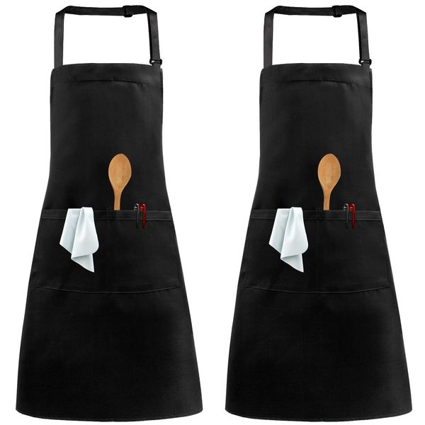 Auranso 2 Pack Aprons, Adjustable Neck Chef Apron with 2 Pockets Kitchen Cooking Apron for Women Men Home Baking Gardening BBQ Craft Restaurant Black