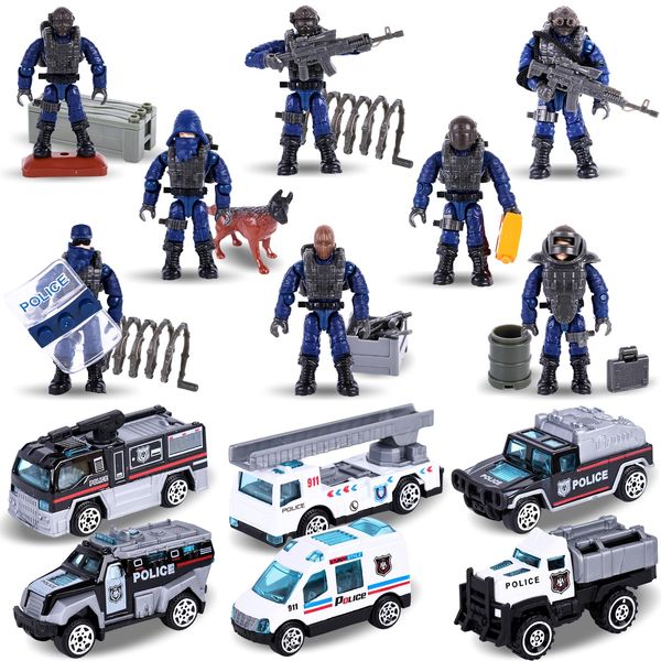 3 otters 14PCS Policemen Action Figure Set, 8 SWAT Building Blocks with Movable Joints 1:36 Scale Army Men Soldiers and 6 Vehicles for Boys Birthday Gift