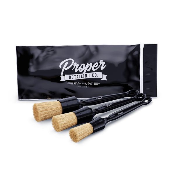 PROPER DETAILING CO. Car Detailing Brush Set, 3 Pack Natural Boars Hair Detailing Brushes, Clean Interior or Exterior, Wheels, Tires, Engine Bay, Leather Seats, Car Detailing Kit, Detail Brush