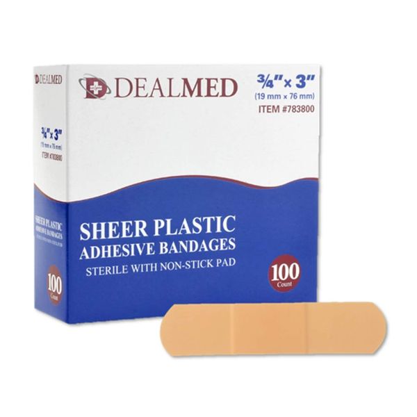 Dealmed Sheer Plastic Flexible Adhesive Bandages – 100 Count (1 Pack) Bandages with Non-Stick Pad, Latex Free, Wound Care for First Aid Kit, 3" x 3/4"