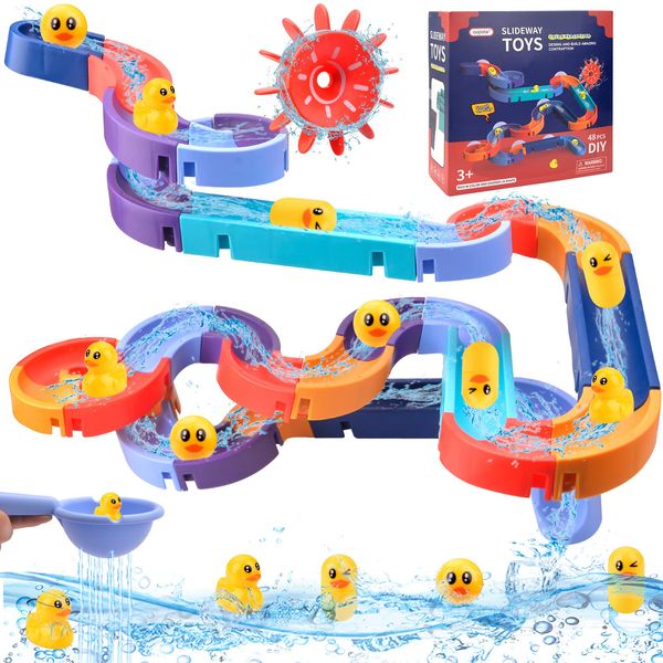 Pipihome Bath Toys, 48Pcs Kids Bath Toys Balls Track Game Bath Shower Bathtub Toys, Water Slide with Suction Cups Water Toys, Bath Time DIY Educational Bath Toys for 3 4 5 6 Year Olds Toddlers Kids