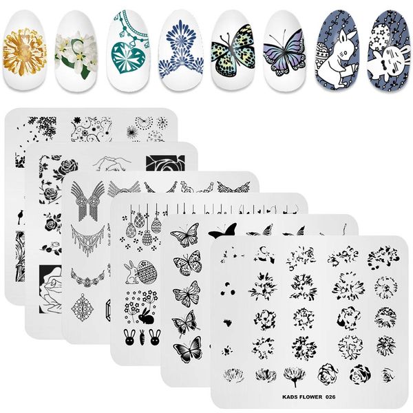 KADS 7/6 Pz Nail Art Stamping Piatti Fiori Farfalla Oceano Stampa Manicure Modelli con 1 Pz Stamper Polacco (7 Piatti + 1 Stamper) (6 Plates+1 Stamper)