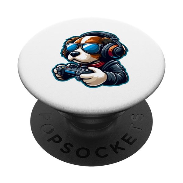 Funny Gamer Dog In Sunglasses and Headphones Cute Gamer Kids PopSockets Swappable PopGrip