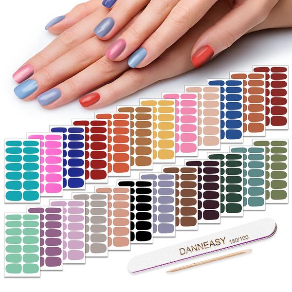 Nail Polish Strips Solid Color, DANNEASY 24 Sheets Adhesive Nail Polish Stickers Nail Wraps for Women 1Pc Nail File, Cuticle Stick