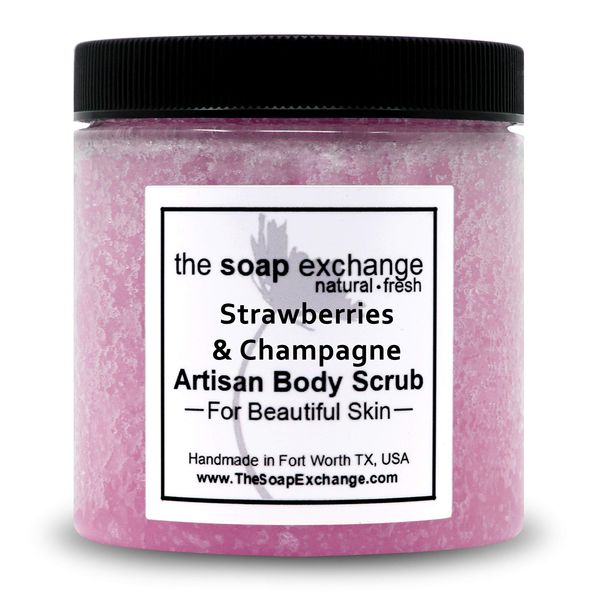 The Soap Exchange Sugar Body Scrub - Strawberries & Champagne Scent - Hand Crafted 8 fl oz / 240 ml Natural Artisan Skin Care, Shea Butter, Exfoliate, Moisturize, & Protect. Made in the USA.