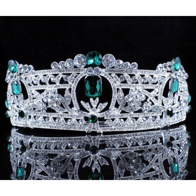 Emerald Green Clear White Austrian Rhinestone Crystal Tiara With Hair Combs Crown Veil Headpiece Costume Party Queen Princess Bridal Prom Silver T813