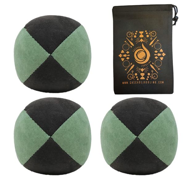 Cascade Juggling 3 x Pro 110g Cascade Suede Juggling Balls - Quality Thud Juggling Balls & Bag - Set of 3 Beginner Juggling Balls (Green/ Black)