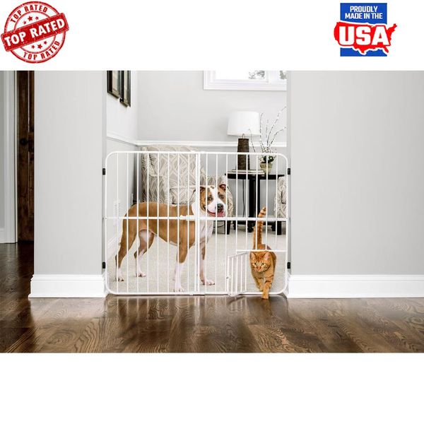 Expandable Metal Dog Gate W/ Small Pet Door Adjustable Pressure Mount Safety New