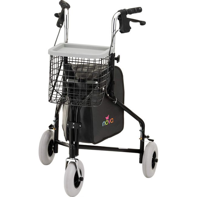 NOVA Traveler 3 Wheel Rollator Walker, All Terrain 8” Wheels, Includes Bag, Basket and Tray, Black