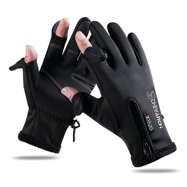 Outdoor Gloves, Thermal Gloves, Sports Gloves, Windproof, Cold Protection, Waterproof Construction, 2 Finger Out for Easy Detailing, Fleece-Lined, Anti-Slip, Smartphone Compatible, Cycling Gloves,