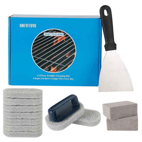 Griddle Cleaning Kit for Blackstone, Heavy Duty Flat Top Grill Cleaning Accessories, Griddle Scraper Tools with 9 Scouring Pads,1 Scrubber Brush,1 Griddle Grill Scraper, 2 Cleaning Bricks,13 Piece