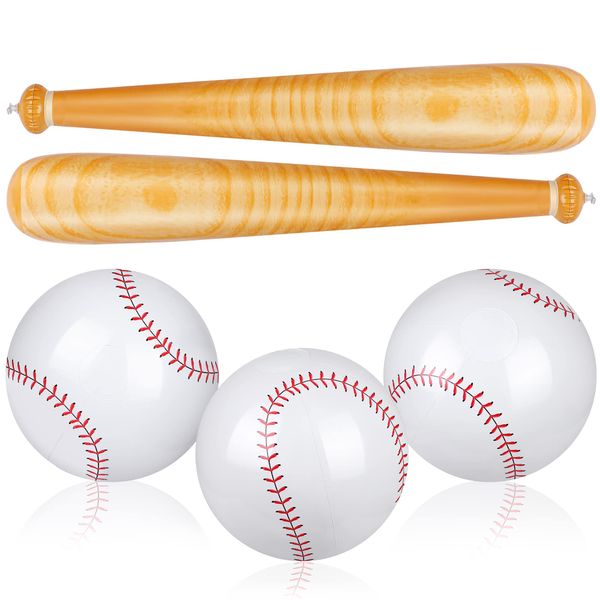 durony 5 Pieces Inflatable Baseball Set Including 2 Piece 31.5 Inch Baseball Bat Inflates 3 Piece 5.5 Inch Beach Baseball Sports Baseball Party Favors for Birthday Party Pool Beach Fun Sports Game