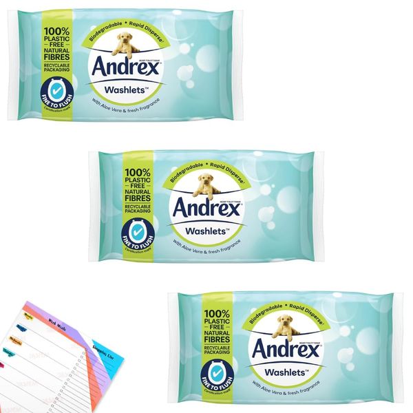 Andrex Wipe Flushable Aloe Vera Washlets | Wet Wipes Gentle Cleansing | Fine to Flush Toilet Tissue | Biodegradable Rapid Disperse | 36 wipes per Pack, Pack of 3 (108) Included Jaspem Shopping List