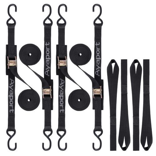 Ayaport Cam Buckle Tie Down Straps 6 feet 2200lbs Break Strength Securing Straps with S Hooks for Motorcycle, Kayak, Car, Truck, Dirt Bike, Pack of 4