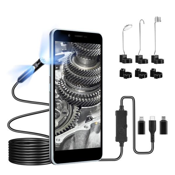 WADEO Dual Lens Endoscope Inspection Camera, 1920x1440P High-Resolution Borescope, 200W Pixel, 5M Rigid Cable, 360°Rotation, 8 LED Lights, Waterproof IP67 with Hook, for iOS, Android, Type-C