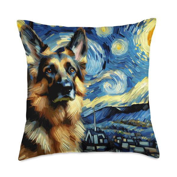 German Shepherd Van Gogh Starry Night Graphic Dog Throw Pillow