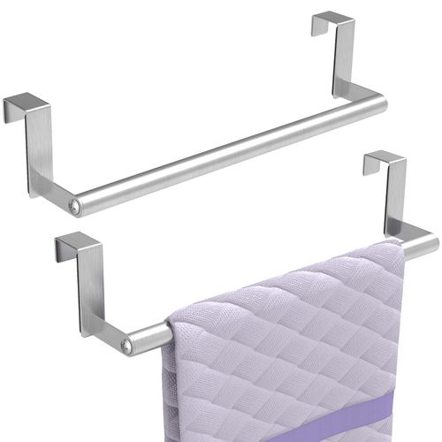 STWWO Kitchen Towel Holder Over Cabinet Door Towel Bar Stainless Steel for Cupboard, Over The Door Towel Rack for Kitchen Dish Towel Holder Hanger, 2 Pack (Brushed Nickel)