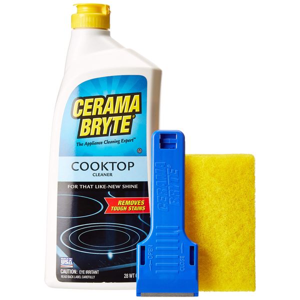 Cerama Bryte Ceramic Cooktop Cleaner (28 oz), Scraper and 5 Cleaning Pads Combo Kit