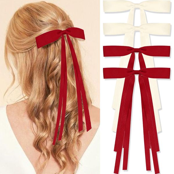 FULZTEY 4 Pack Bow Hair Clips for Women Red Beige Bow Hair Barrettes Silky Bowknot Hair Ribbon Long Tail Fashion Coquette Bows Clips Hair Accessories for Girls