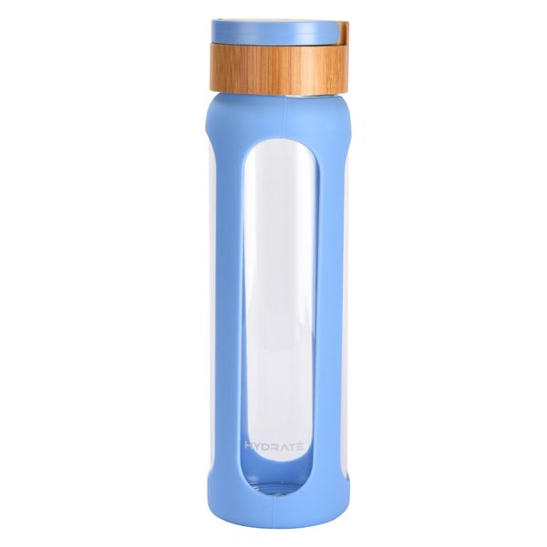 HYDRATE Bottles | Clear and Transparent 650ml Water Bottle with Light Blue Silicone Sleeve - BPA-Free - Stylish and Functional Glass Bottle - Leak-proof and Ideal for Outdoor Adventures and Daily Use