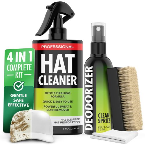 4-in-1 Professional Hat Cleaning Kit - Removes Dirt and Stains, Gentle Hat Cleaner for Baseball Caps, Fitted Cowboy, & Felt Hats, Complete Hat Cleaner with Hat Deodorizer, Brush & Microfiber Cloth