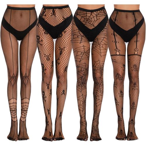 4 Pairs Halloween Net Tights Skull Spider Fishnet Stockings Tights Women's Pattern Tights Pattern Halloween Costume Women's Halloween Costume Accessories