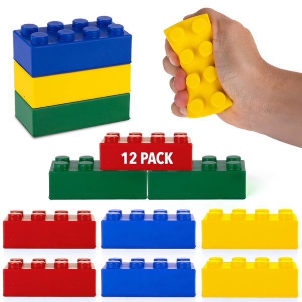 ArtCreativity Building Block Stress Relief Toys for Kids, Set of 12, Stacking Construction Foam Squeeze Toys in 4 Vibrant Colors, Birthday Party Favors, Goodie Bag Fillers, Office Gifts, Sensory Toys