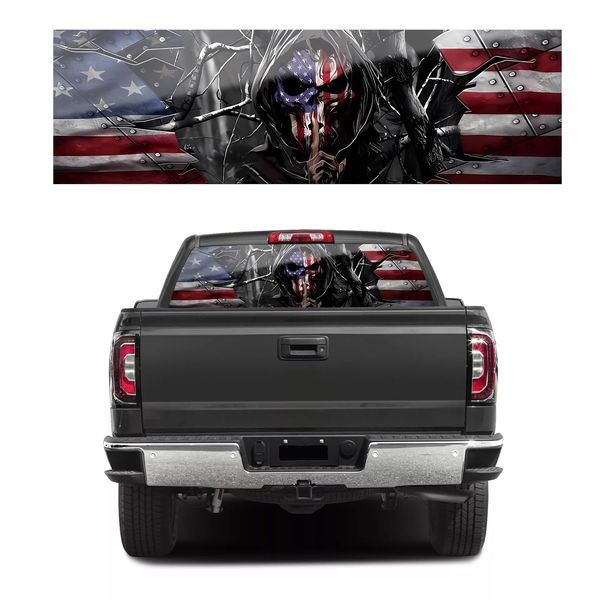 LynsaTac 65x22'' American Skull Flag Decals for Trucks SUV American Flag Window Decal, Classic Rear Window Decals for Car Decor - One Size Fits Most Pickup Trucks