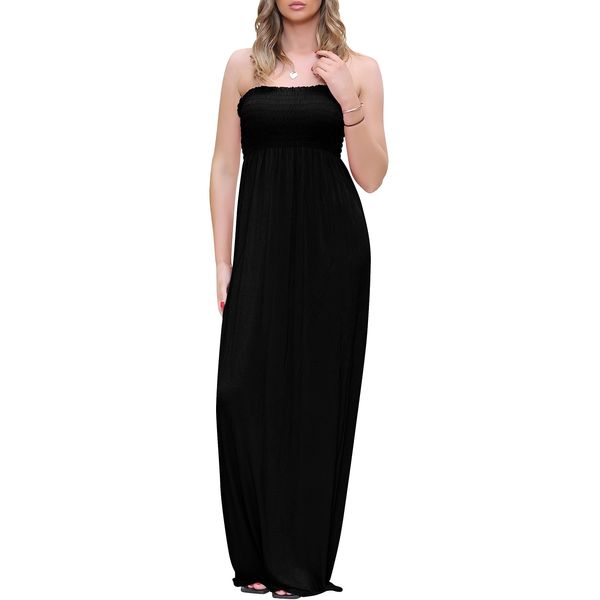 Love My Fashions® Womens Maxi Dress Summer Casual Long Dresses Off Shoulder Elastic Waist Flared Bandeau Boobtube Maternity, Beach Wear for Ladies Black