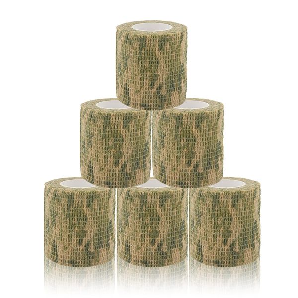 BOROLA Self-Adhesive Protective Camouflage Tape Cling Scope Wrap Camo Stretch Bandage for Camping,Flashlights,Bicycle,Range Finder Camera etc.（6Pcs, Woodland Camo