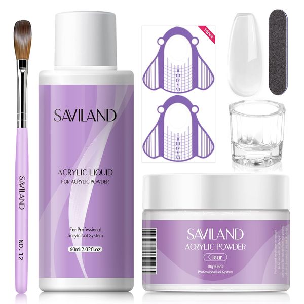 Saviland Acrylic Nail Kit - 30g Clear Acrylic Powder and 60ml Liquid Set with Acrylic Brush Nail Forms Nails Files Dappen Dish for Acrylic Nail Extension Nails Starter Kit for Beginners Home DIY