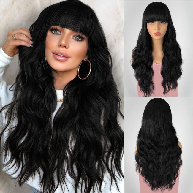 Allyreetress Long Black Wavy Wigs with Bangs 26 inches Black Wig with Bangs for Women Middle Part Synthetic Long Curly Wavy wigs for Girl Daily Party Use