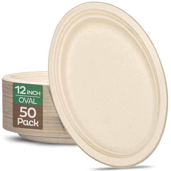 100% Compostable Oval Paper Plates [50-Pack] - {PFAS-Free} - {BPI Certified} - [12 Inch] Heavy Duty, Eco-Friendly, Biodegradable Bagasse Platters - Natural Brown 12" Oval Platter Plates by Stack Man