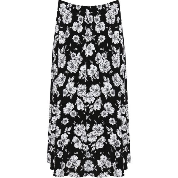 WearAll Womens Plus Floral Midi Skirt Ladies Elasticated Waist Print Stretch Long - Black White - 8-10