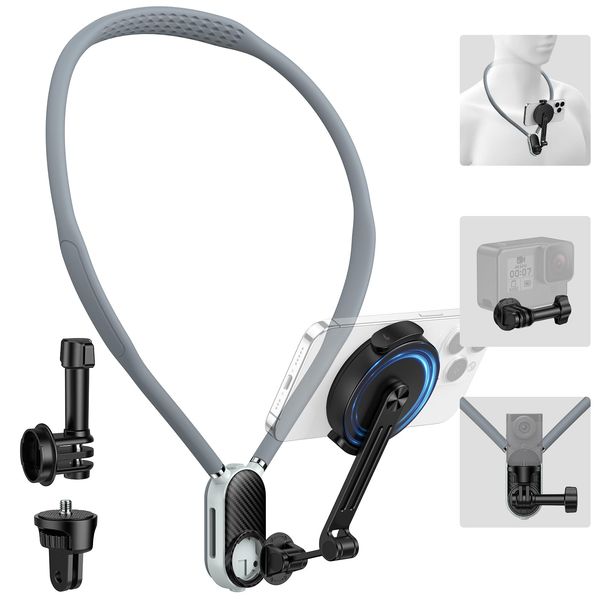 CAMOLO Magnetische Halshalterung für Handys und Action-Kamera,Hals-Handyhalterung für die Aufnahme von POV/Vlog,freihändige Halsstativ-Brusthalterung für iPhone GoPro Hero MAX DJI Action 4 Insta360