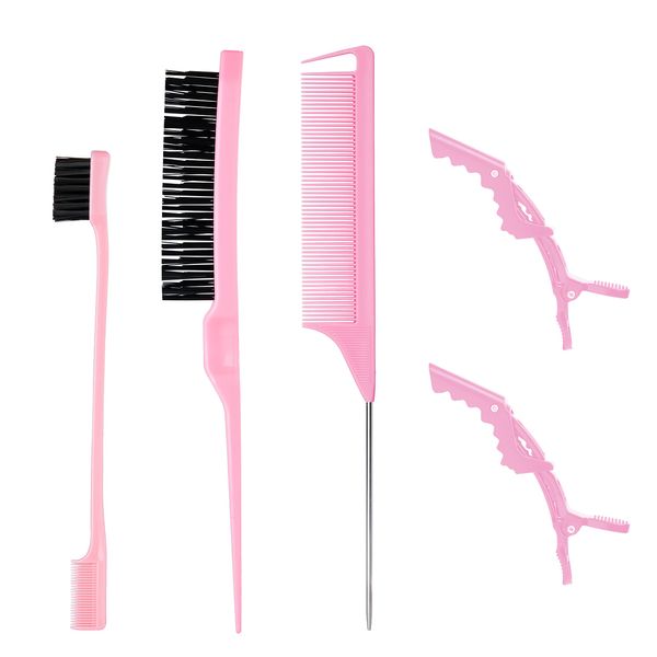 3 Stück Sleek Bun Neckerei Bürsten Set Pink, Borsten Haarbürste Stiel Kamm, Rattenschwanz Haarkamm, Doppelkanten Bürste Kämme Pflege Kanten mit 2 Alligatorclips für Friseurin Frauen Baby Kinder